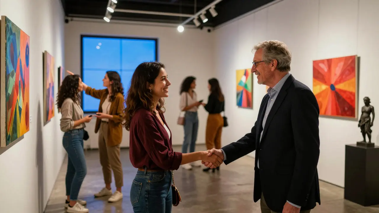 Woman shaking hands with an executive in a vibrant art gallery