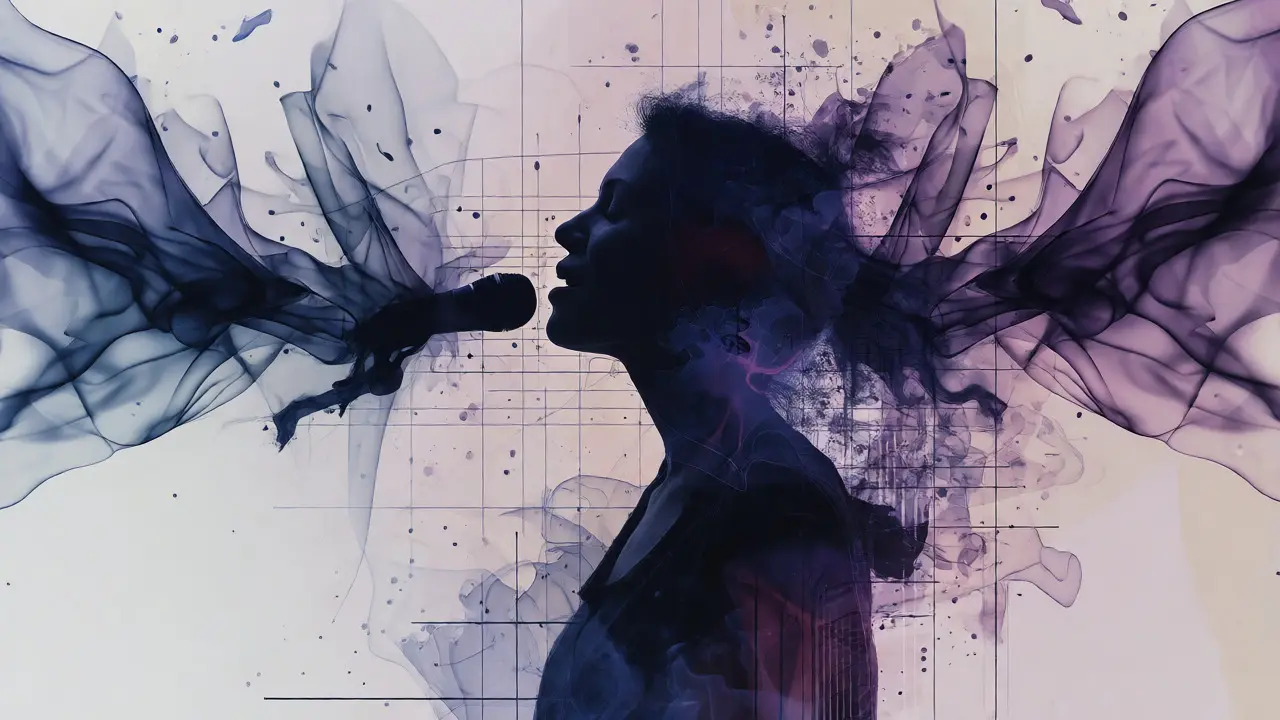 Abstract artistic blend of singing silhouette and fluid sound waves