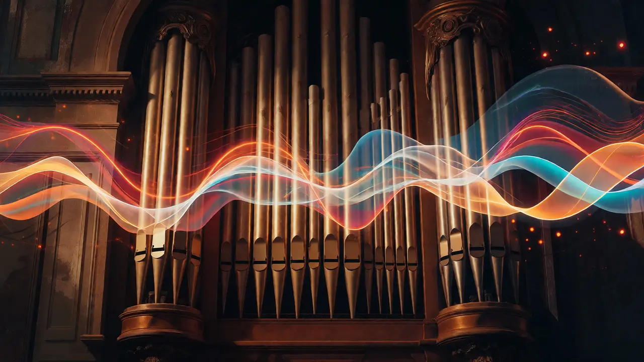 Abstract blend of brass organ pipes and neon audio waveforms