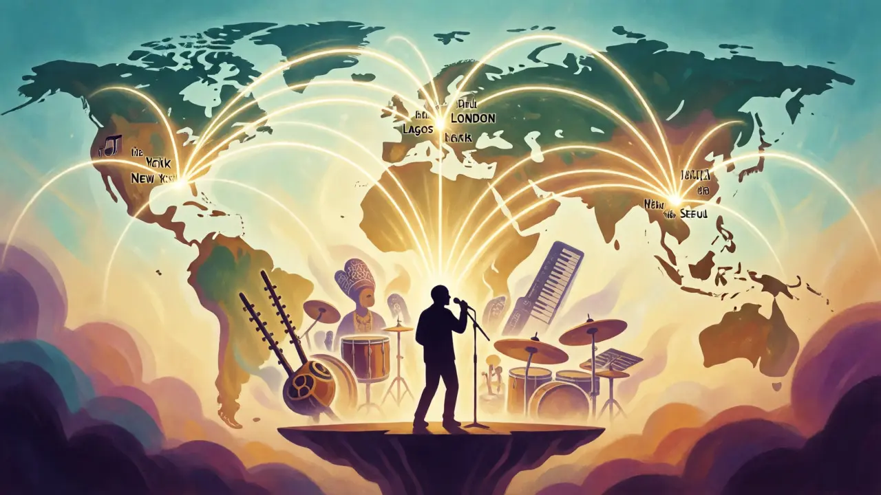 Abstract visualization of global music connections linking major cities worldwide.