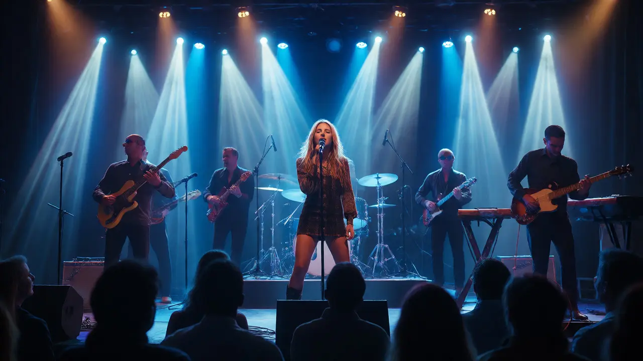 Alli Starr performing her headline set with professional lighting and band backing.