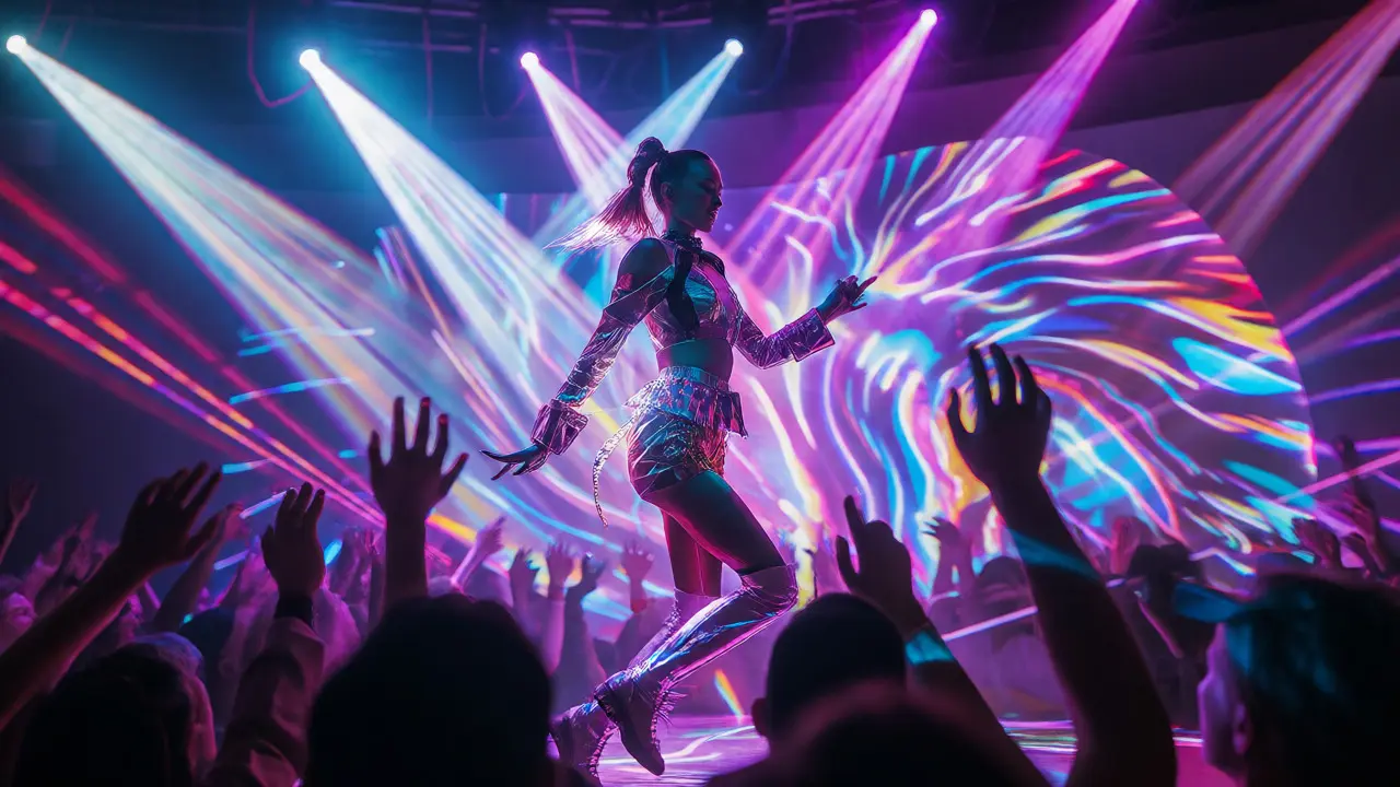 Alli Starr performing in reflective attire under dynamic kinetic lighting