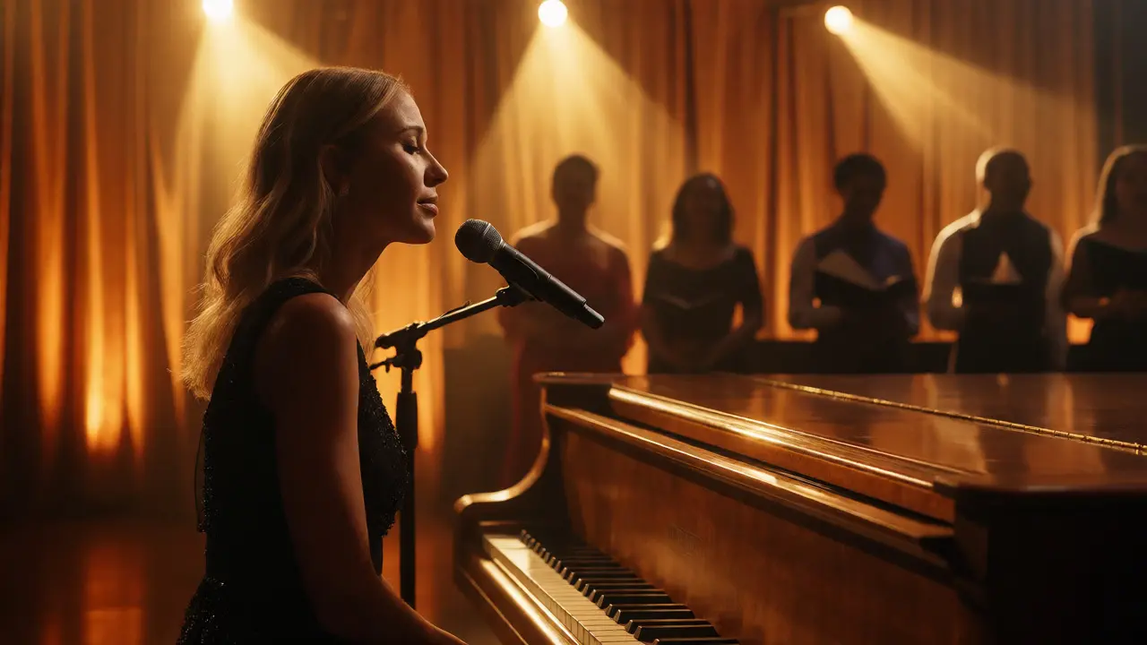 Alli Starr singing intimately at a piano during a warm-lit tribute night