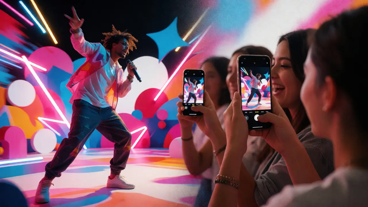 Artist performing in neon set alongside fans filming on phones