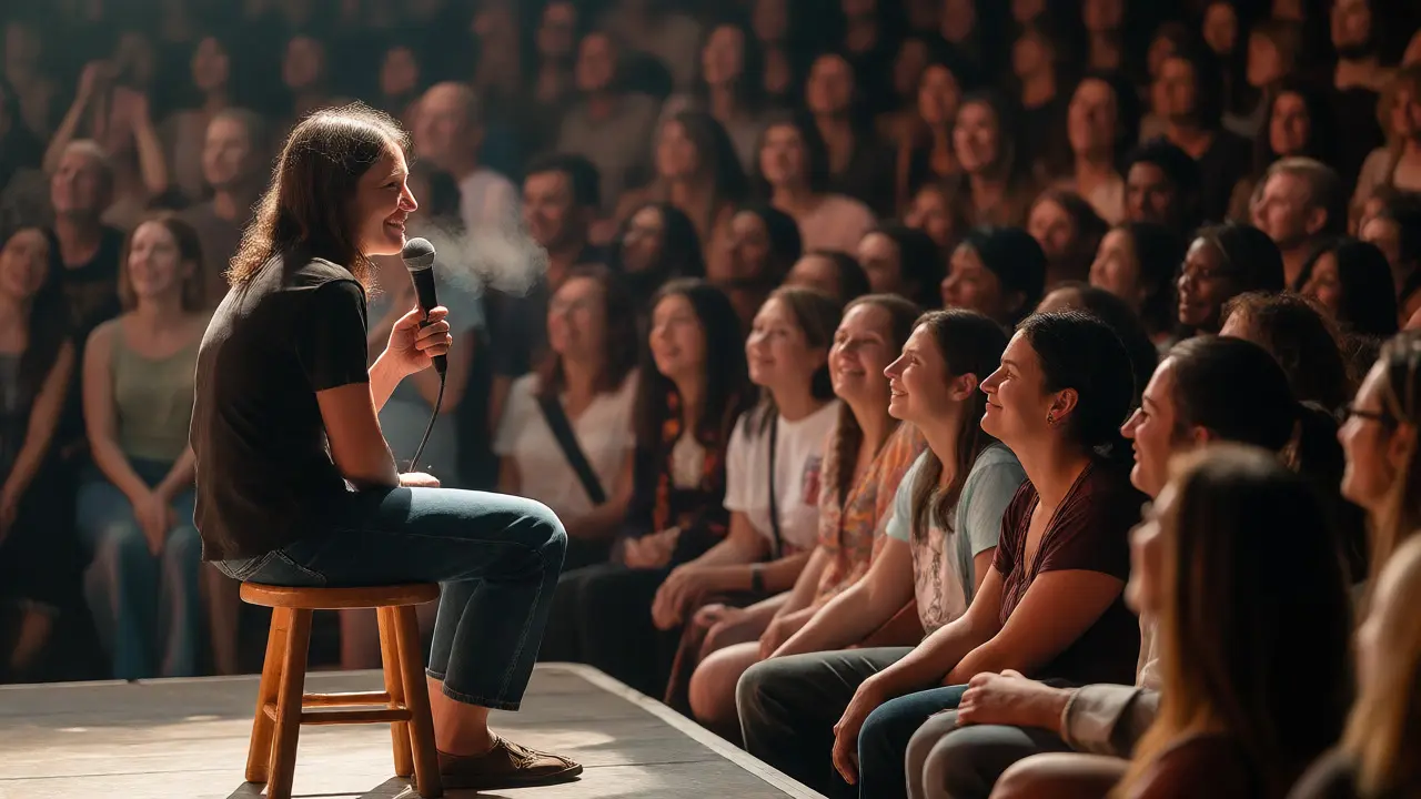 Artist sitting on a stool, smiling intimately at a fan, showcasing a calm, connected performance moment.