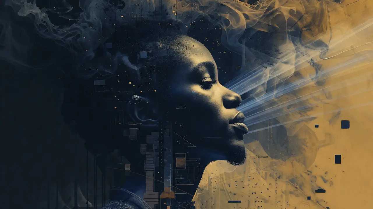 Artistic profile of an R&amp;B singer with abstract glitch and smoke effects symbolizing musical evolution.
