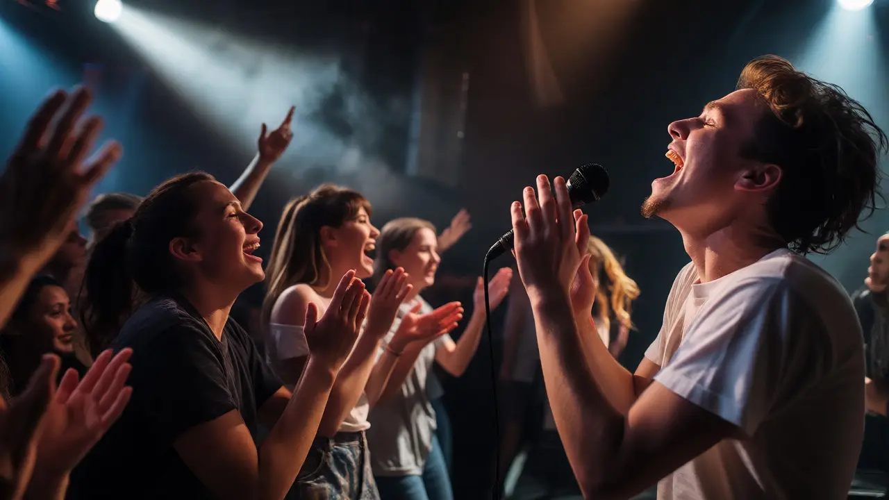 Audience cheering enthusiastically for a fan singing during the open mic challenge segment.