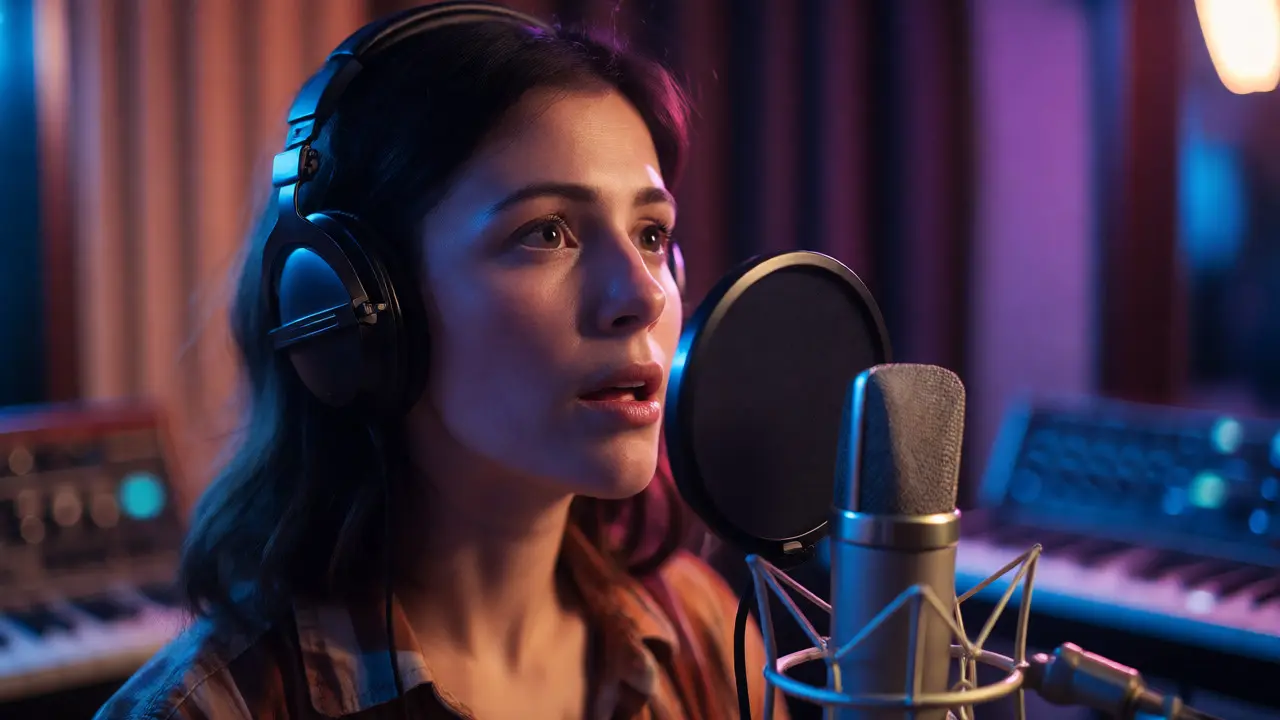 Close-up of artist singing intimately into a mic in a recording studio