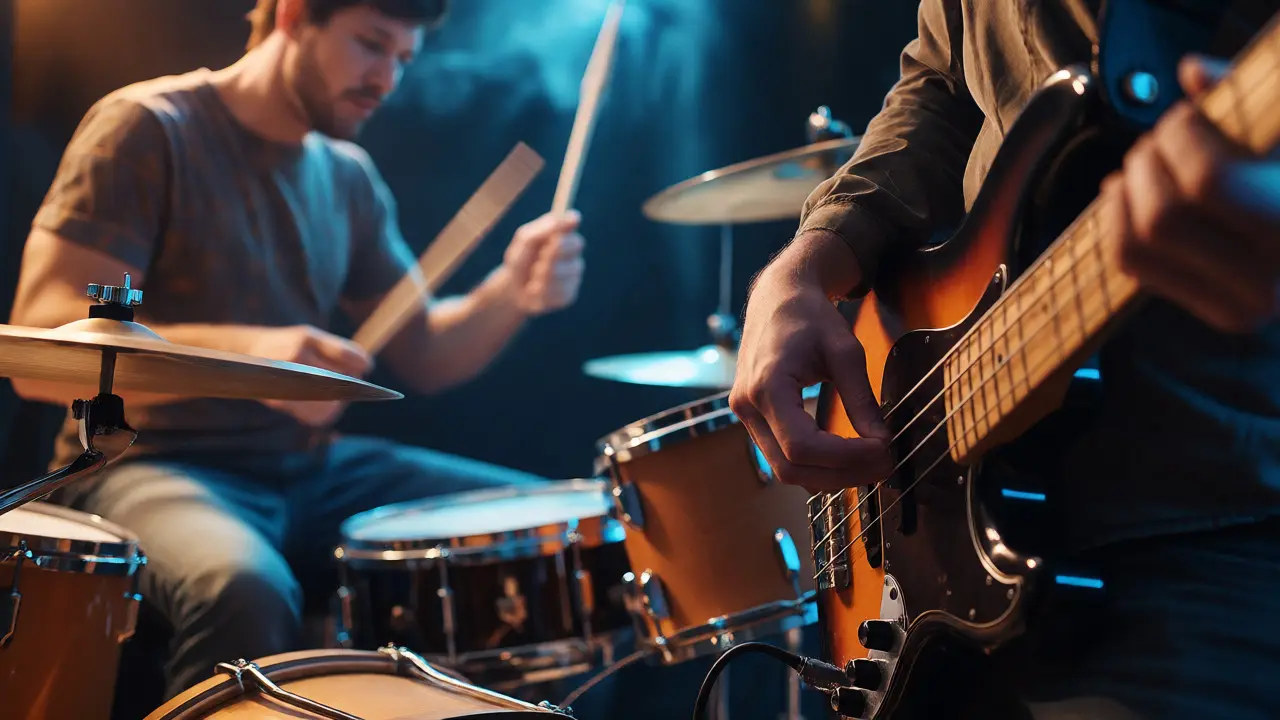 Close-up of drummer and bassist playing live, showing rhythmic precision
