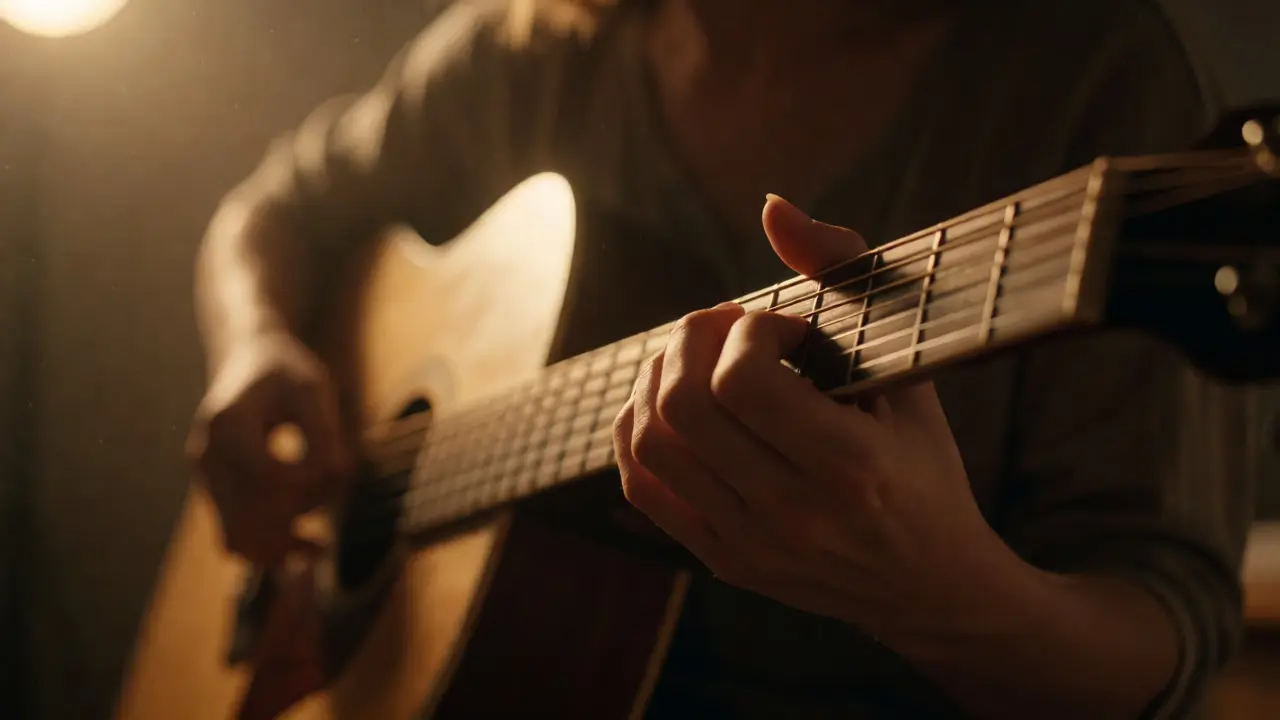 Close-up of hands playing an acoustic guitar under warm lighting