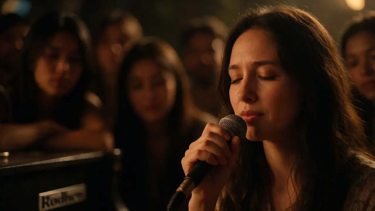 Close-up of singer performing acoustically with fans in close proximity