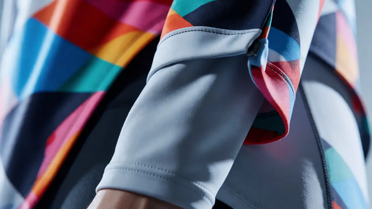 Close-up of vibrant technical fabric with magnetic closures and moisture-wicking layers under stage light.