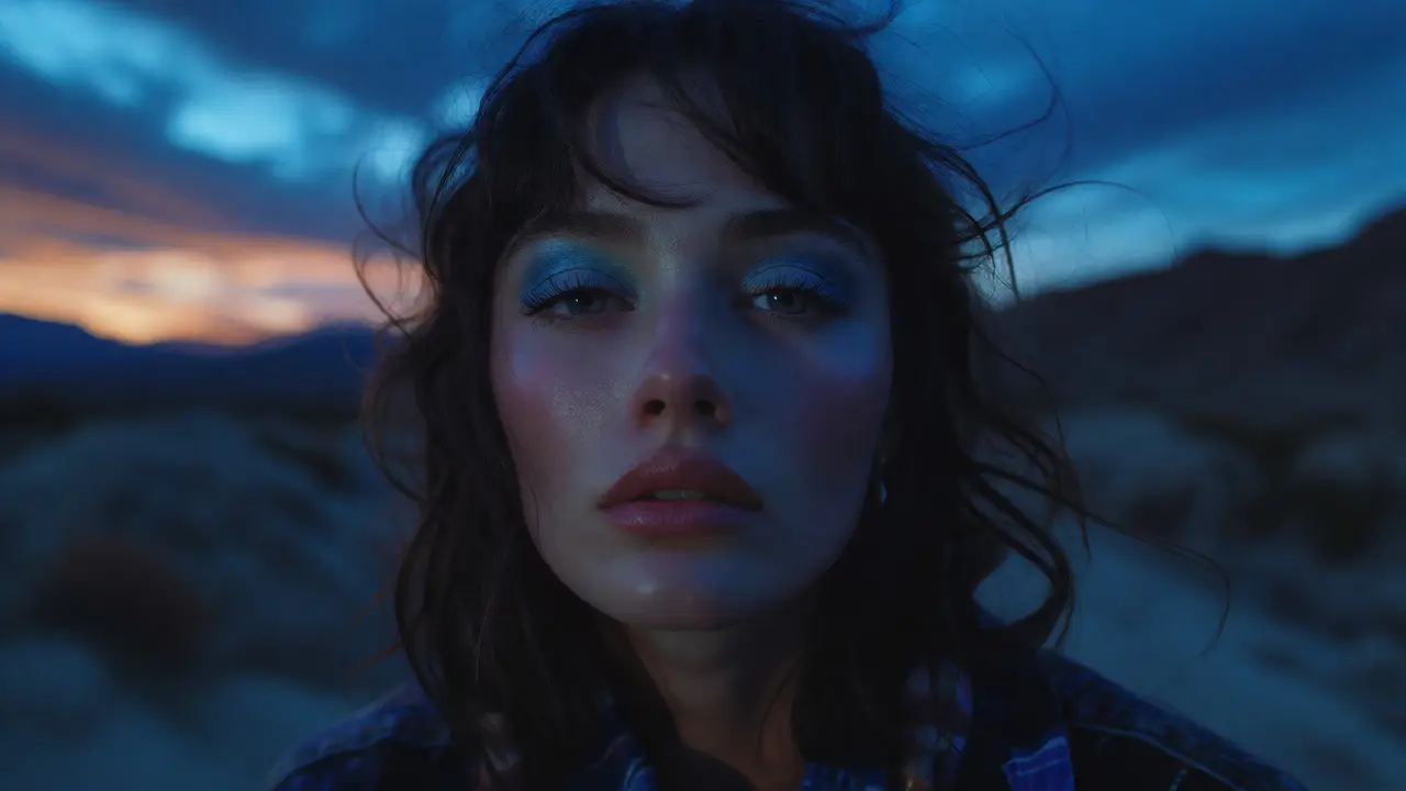 Close-up portrait of singer against blue twilight sky