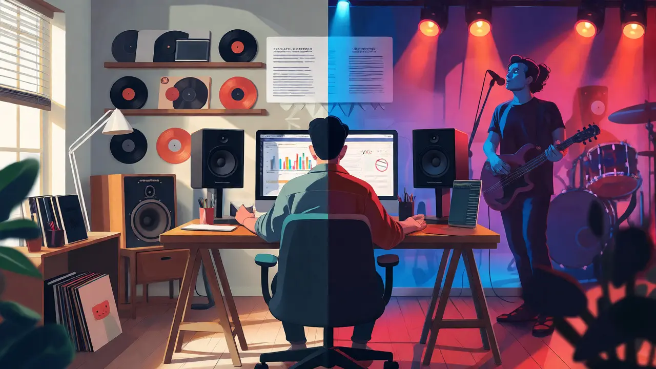 Conceptual blend of a calm home studio and a lively concert scene