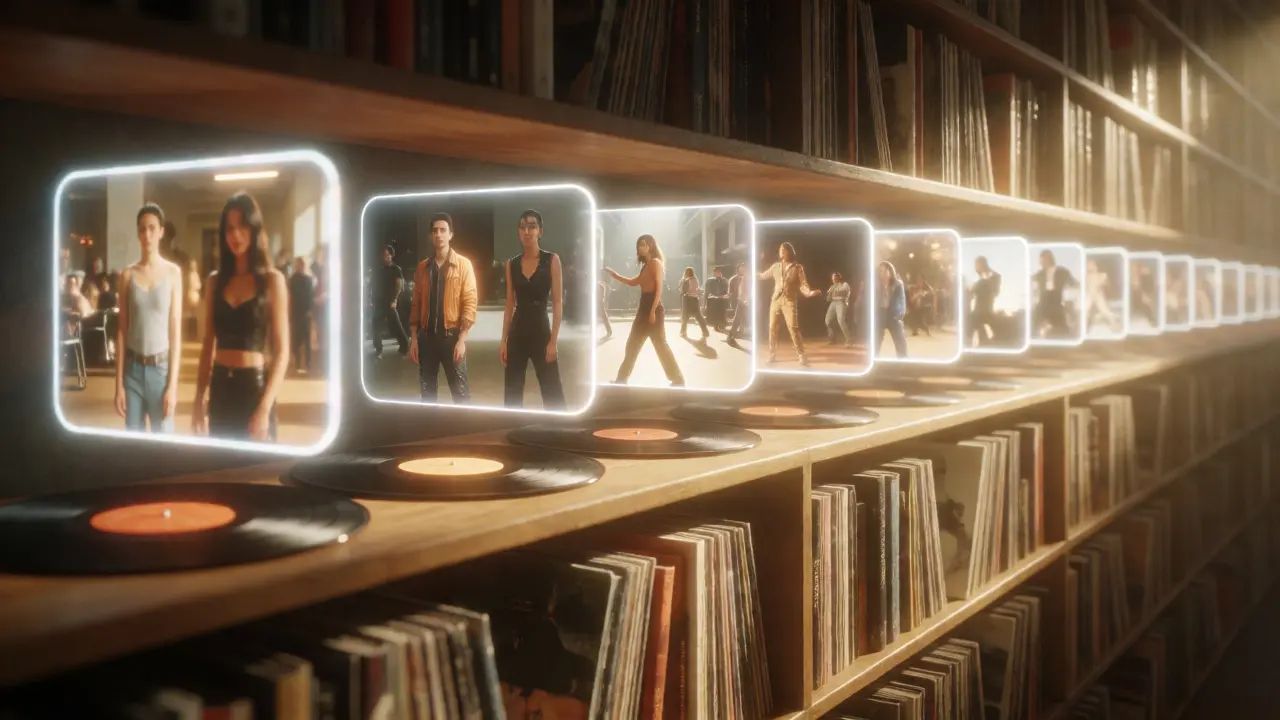 Conceptual library where vinyl records turn into floating video frames