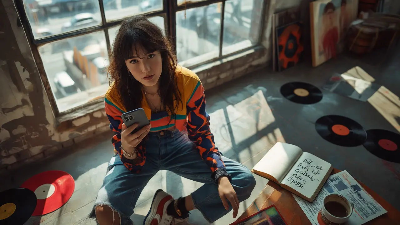 Confident female artist in an urban loft engaging with her phone and surroundings