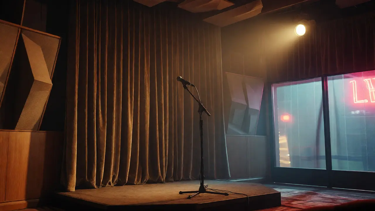 Detailed view of acoustic treatments including velvet drapes and angled wall panels in a dimly lit stage area.
