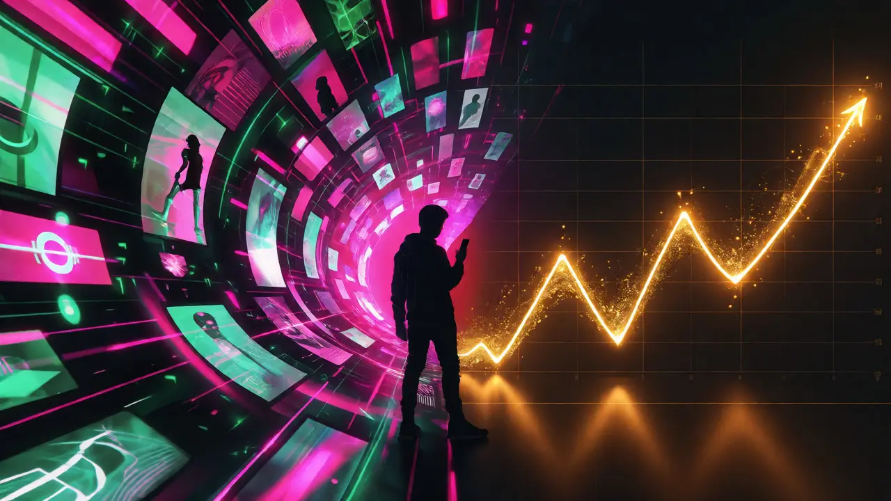 Digital art depicting viral social media clips merging into a rising growth trend line