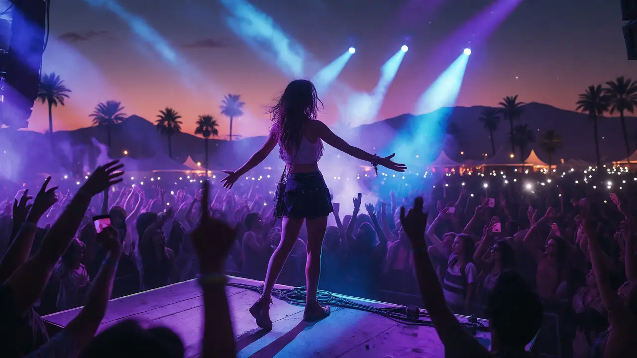 Female singer performing energetically on a large festival stage with dramatic lighting.