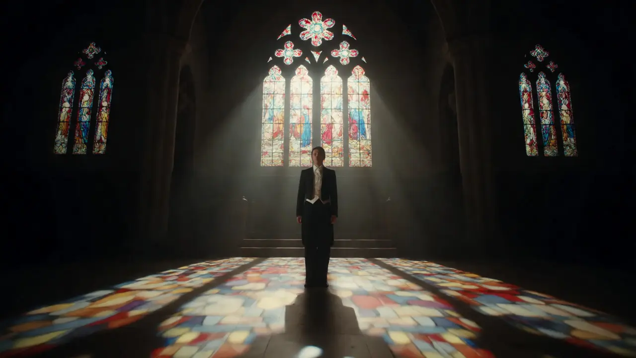 Figure in stylish attire standing in a dimly lit chapel with stained glass light.