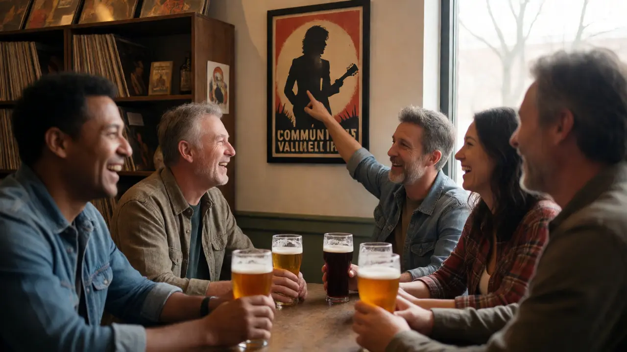 Friends enjoying drinks and conversation in a retro-themed local bar with vinyl records.