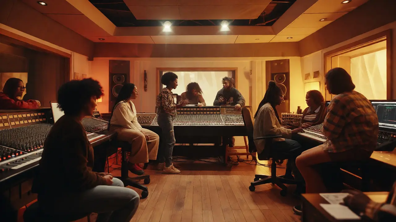 Group of Black women collaborating in a recording studio