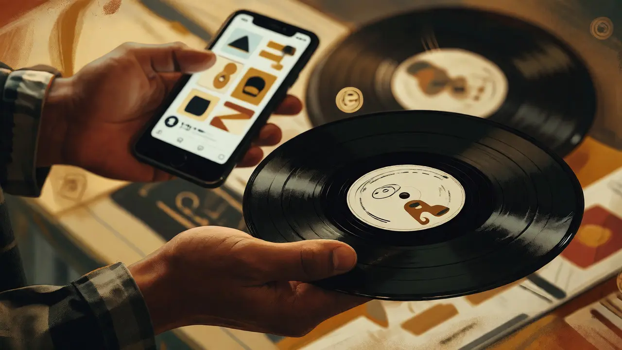 Hands holding vinyl and phone symbolizing artist ownership