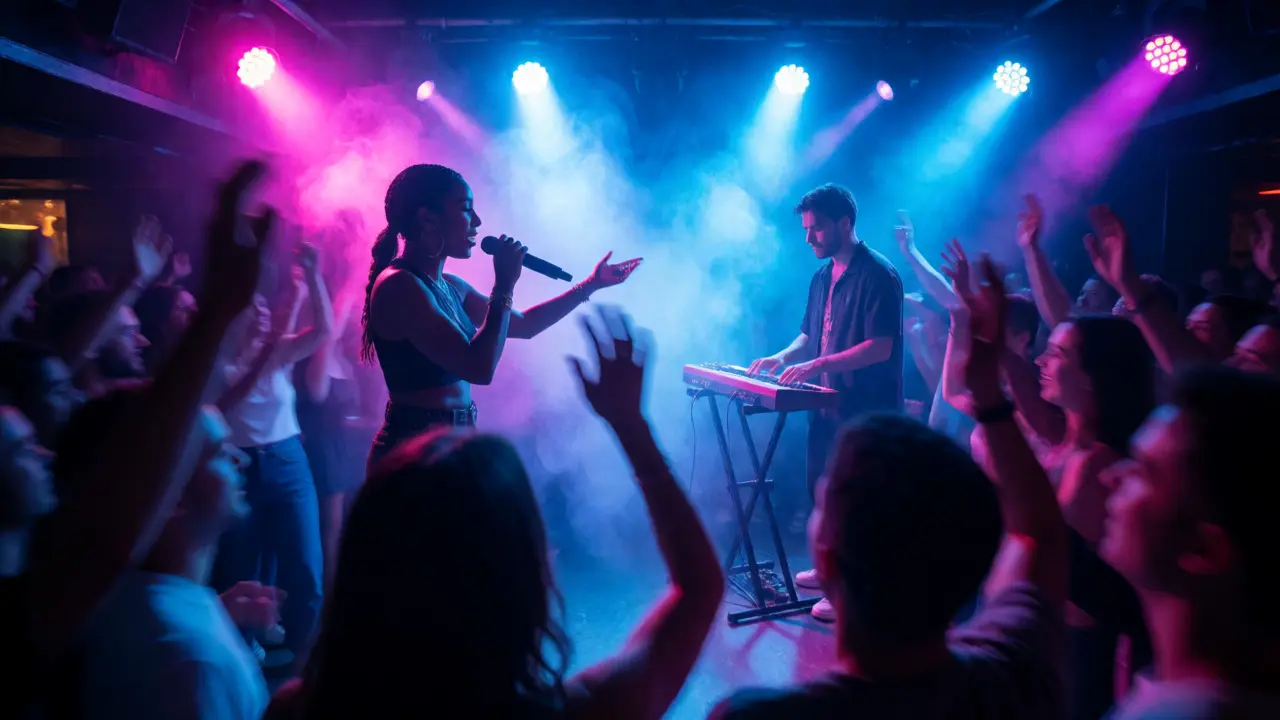 Live concert scene in London with an R&amp;B artist performing under neon stage lights.