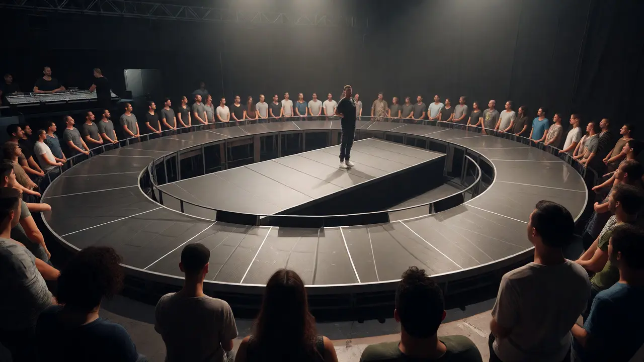 Low-level semi-circular stage design extending into a close crowd, emphasizing proximity and vibration-dampening floors.