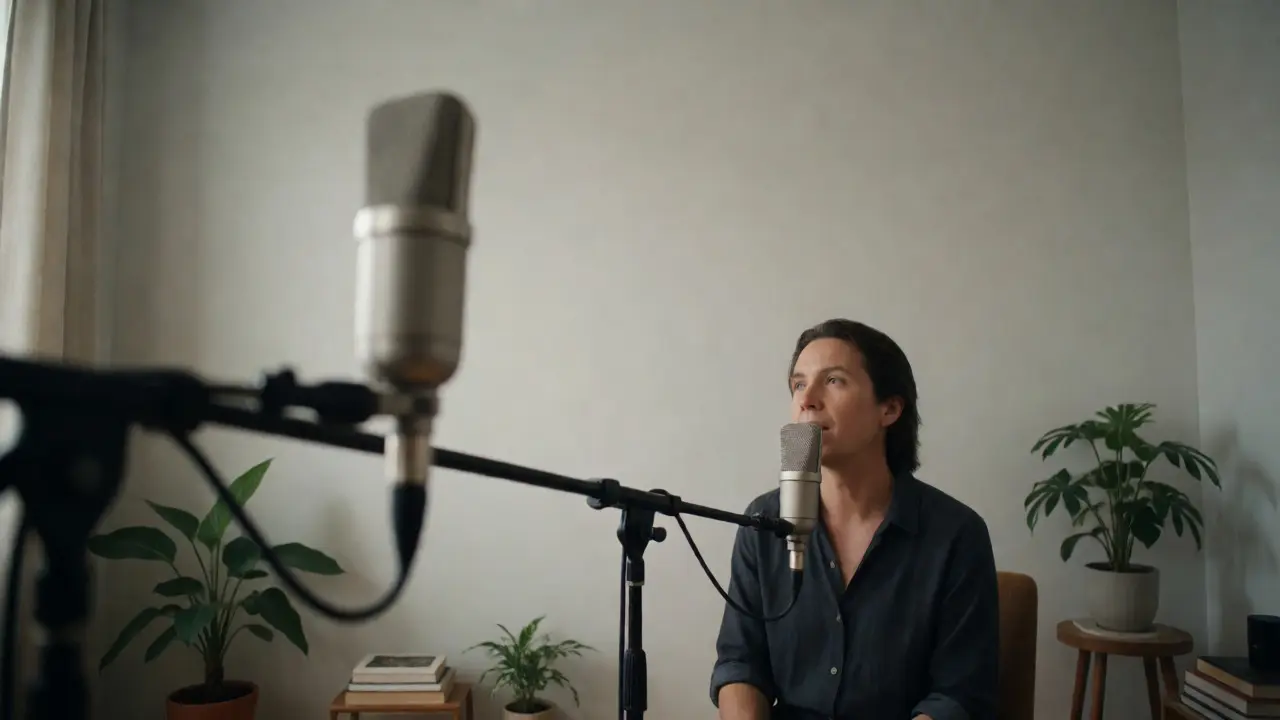 Minimalist studio setup with a microphone and plants for a live session