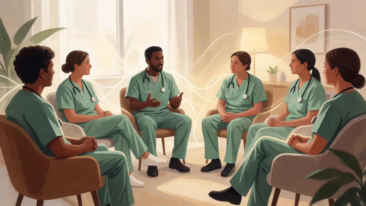 Mortuary team sharing a supportive debriefing session in a calm office setting.