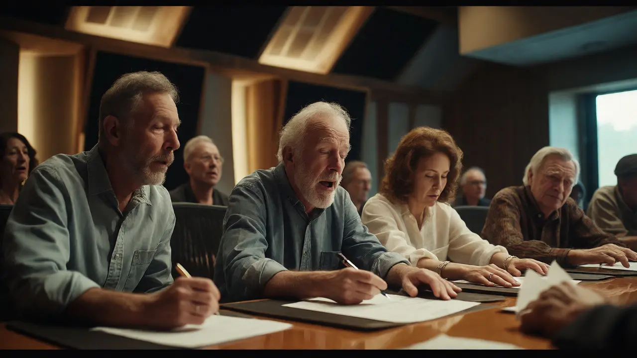 Music judges listening intently to a track in a modern acoustic room