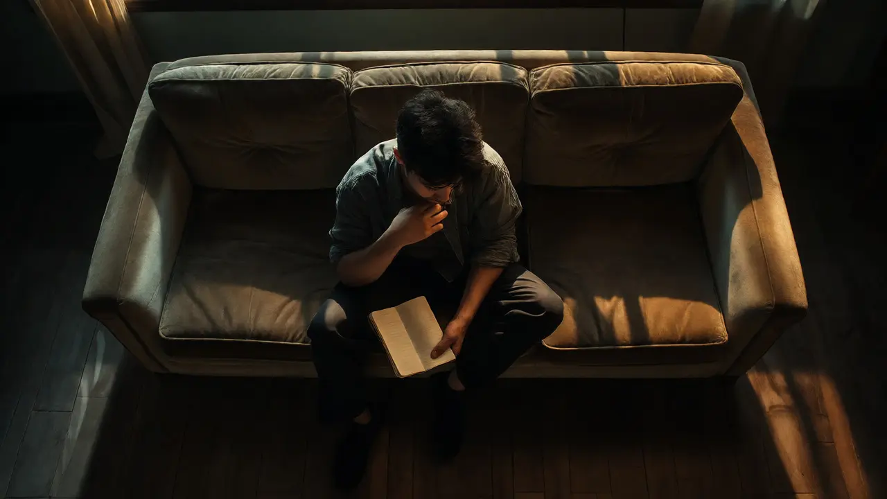Musician sitting alone in a dark room contemplating lyrics