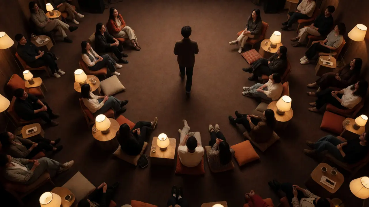 Overhead view of circular seating arrangement in a cozy, warmly lit venue