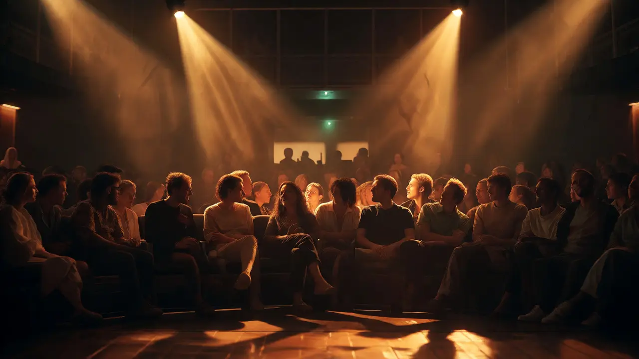 Performer's perspective looking out at an engaged, warmly lit audience in an intimate setting.