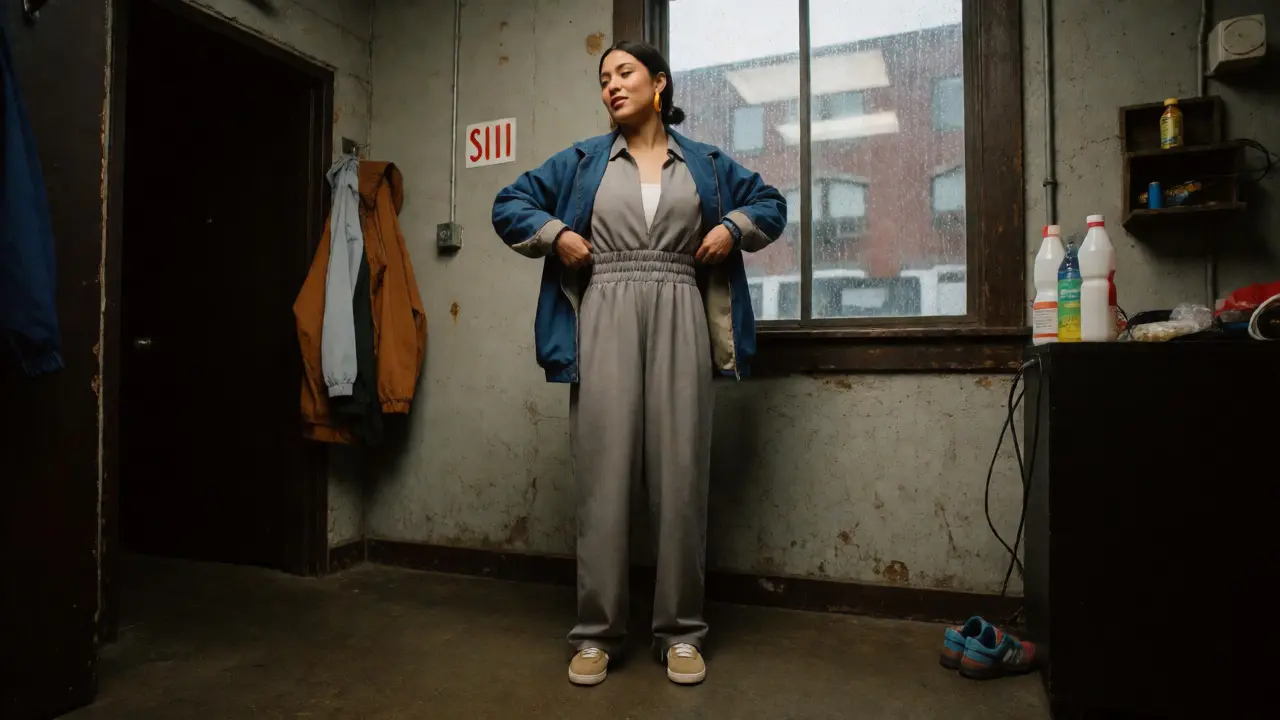 Performer adjusting streamlined outfit backstage near rainy window, showcasing functional streetwear style.