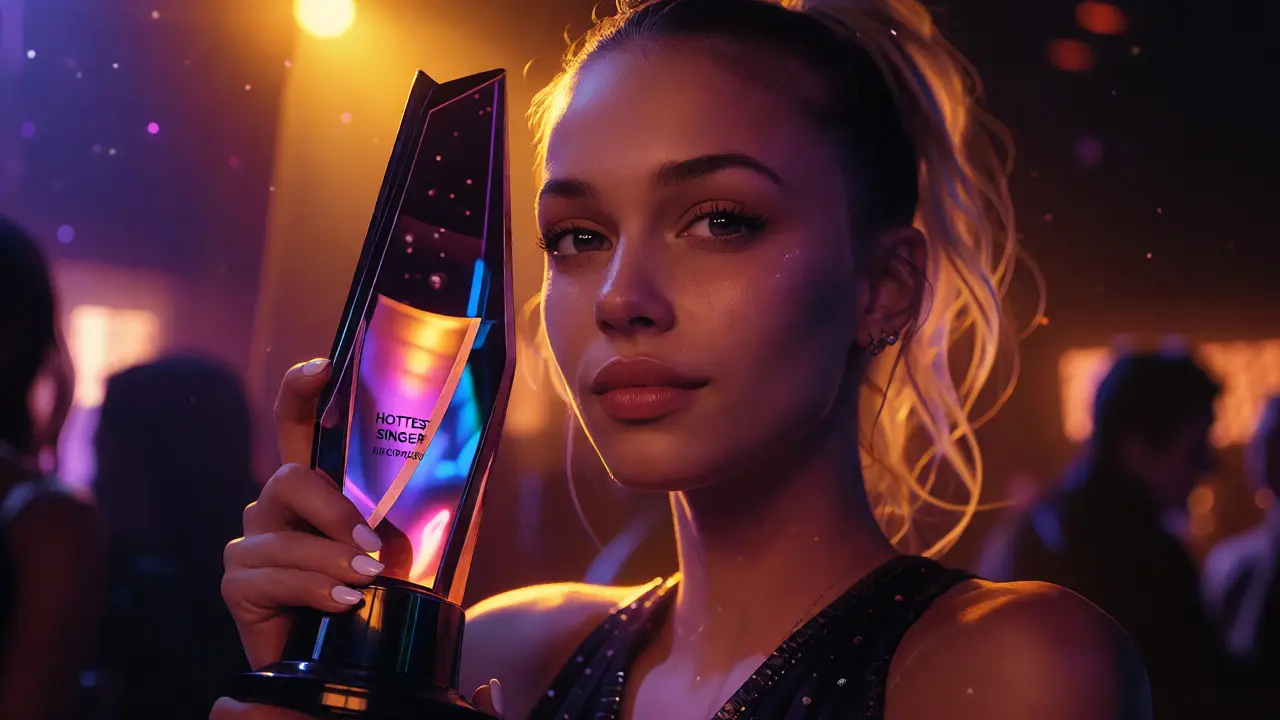 Portrait of Alli Starr holding the Hottest Singer award trophy amidst club lights and glitter.