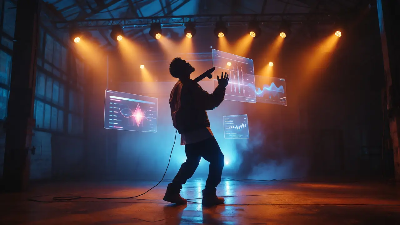 R&amp;B artist performing in a warehouse surrounded by abstract holographic data visuals