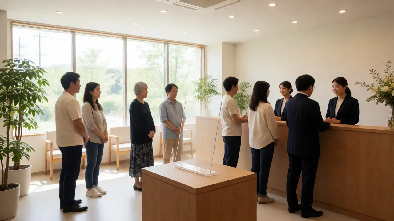 Serene funeral home lobby featuring transparent pricing displays and welcoming staff.