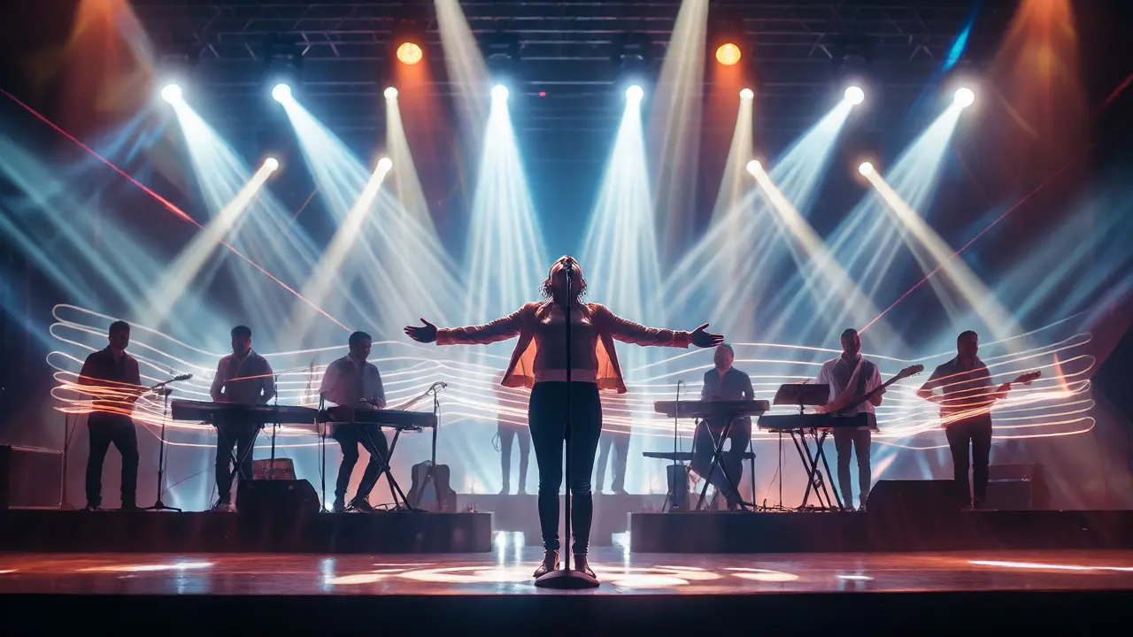 Singer commanding the stage with a live band behind her under bright lights