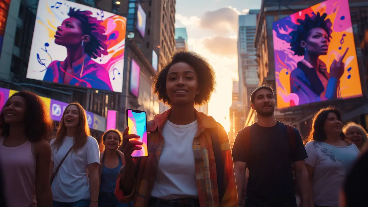 Solo artist walking confidently past city billboards