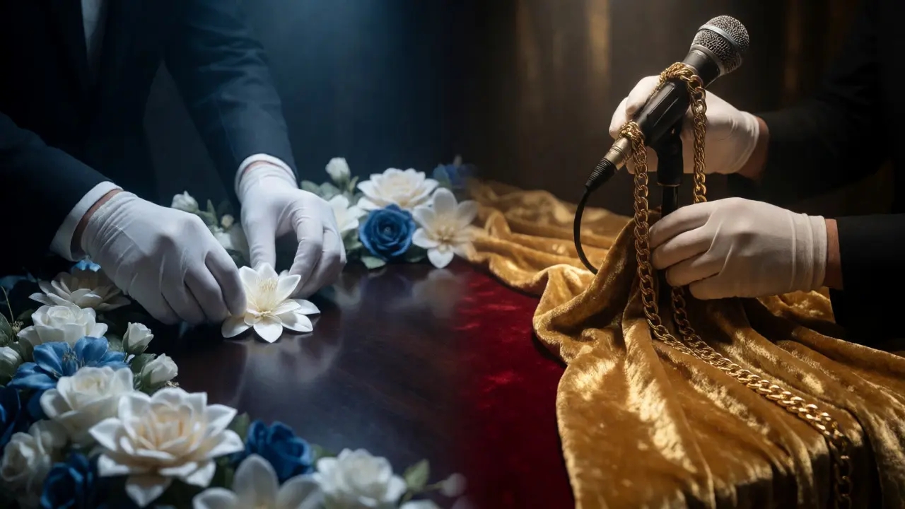 Split image showing hands arranging flowers and adjusting a mic stand with velvet.
