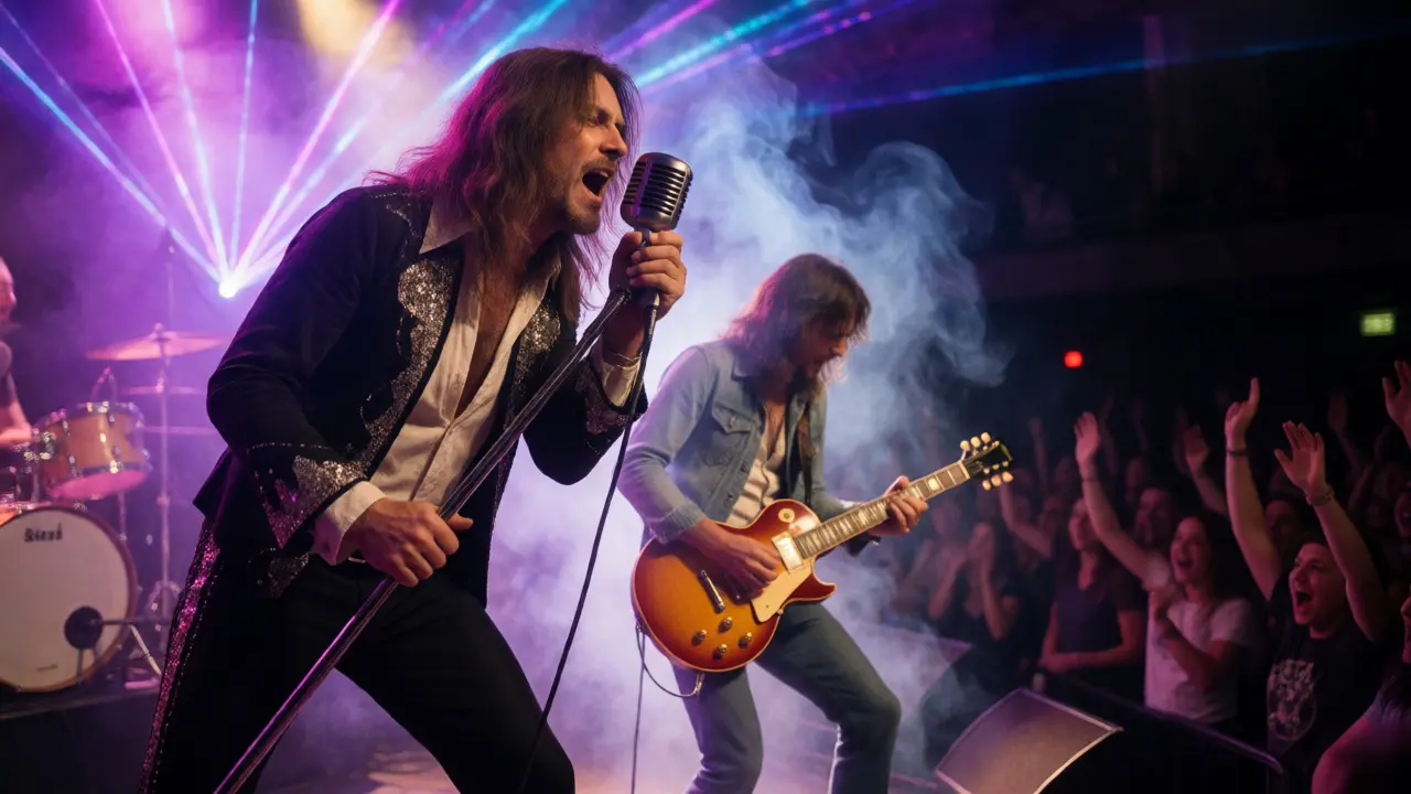Tribute band performing energetically on stage with dramatic lights and authentic costumes.