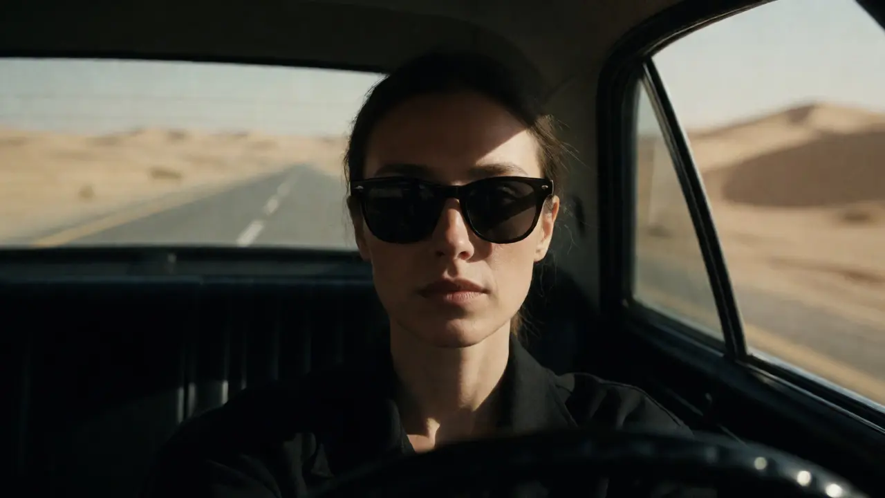 Woman in sunglasses driving a car through the desert, looking directly at the camera.