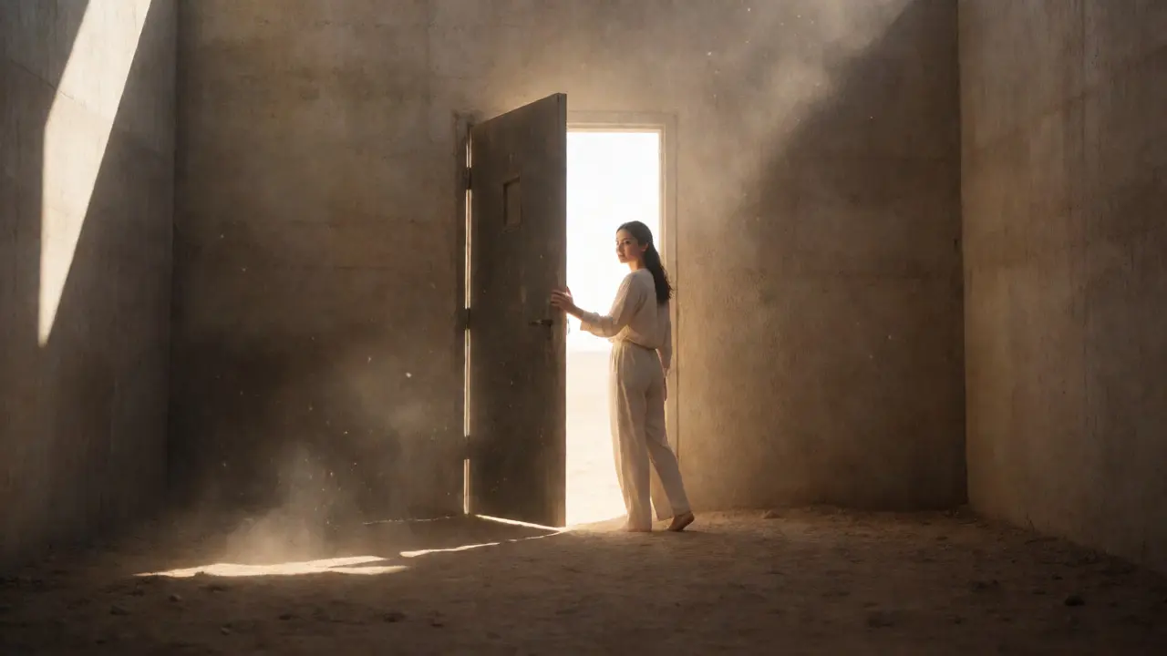 Woman opening a door to bright light in a sparse desert concrete structure.