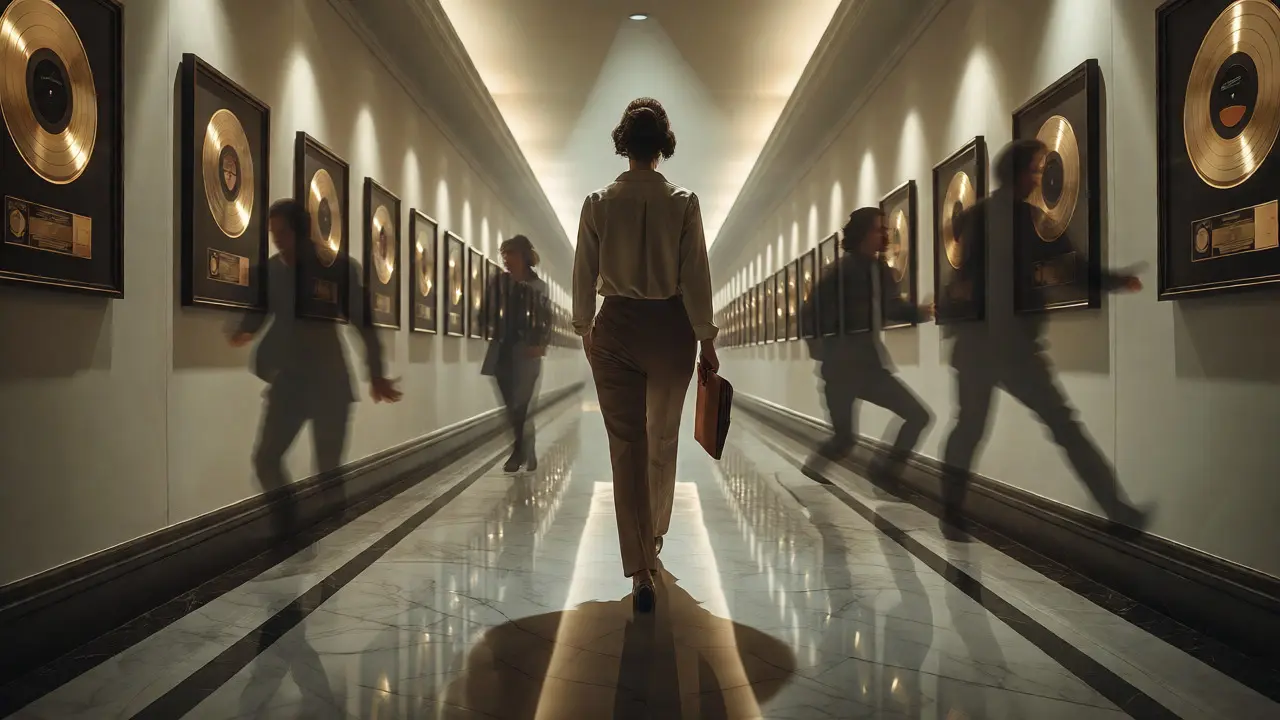 Woman walking steadily down a hall of achievements amidst industry chaos