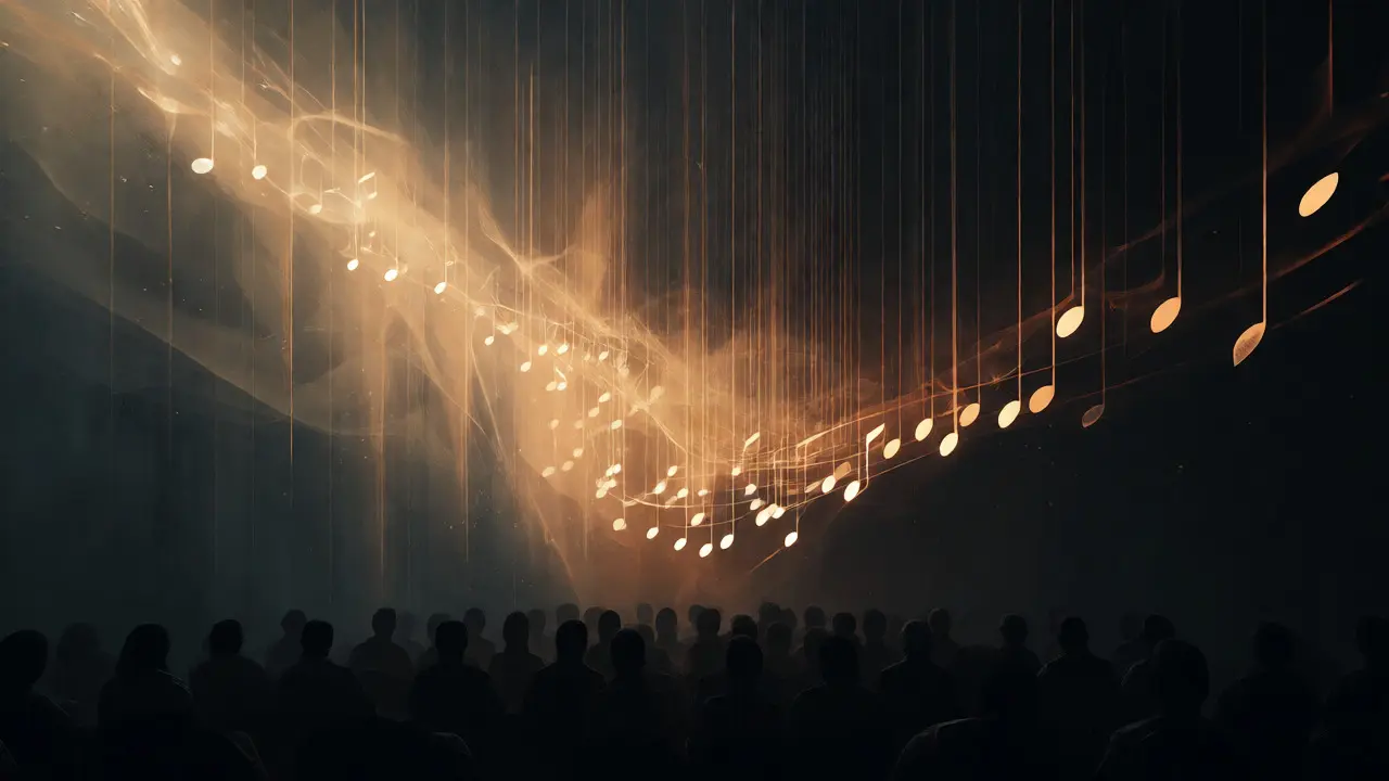 Abstract amber light trails fading into darkness, visualizing music dissolving into silence and reflection.