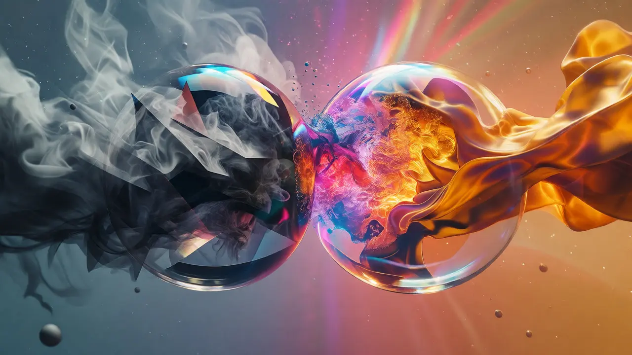 Abstract art of merging smoke and liquid gold spheres representing genre blending.