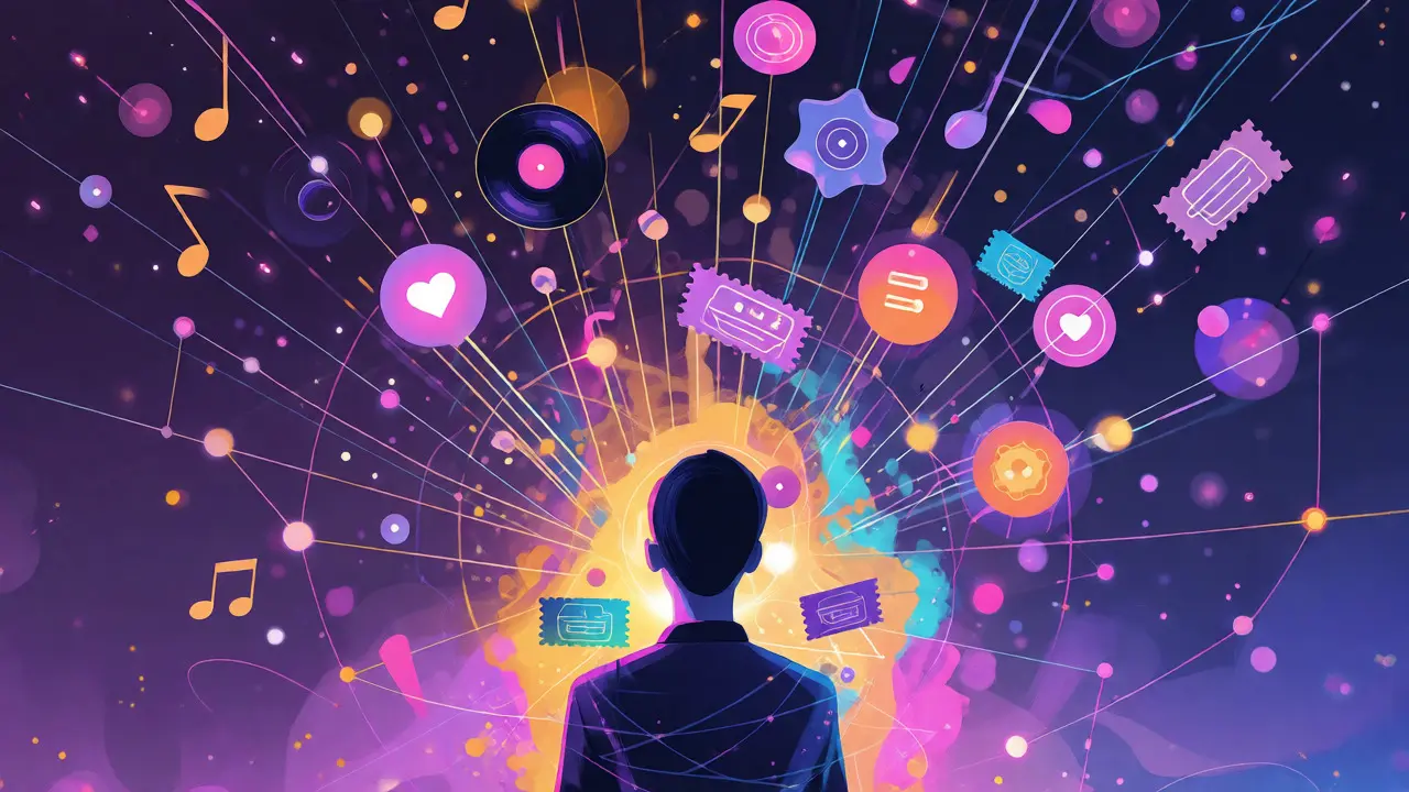 Abstract visualization of an artist connected to fans and music symbols