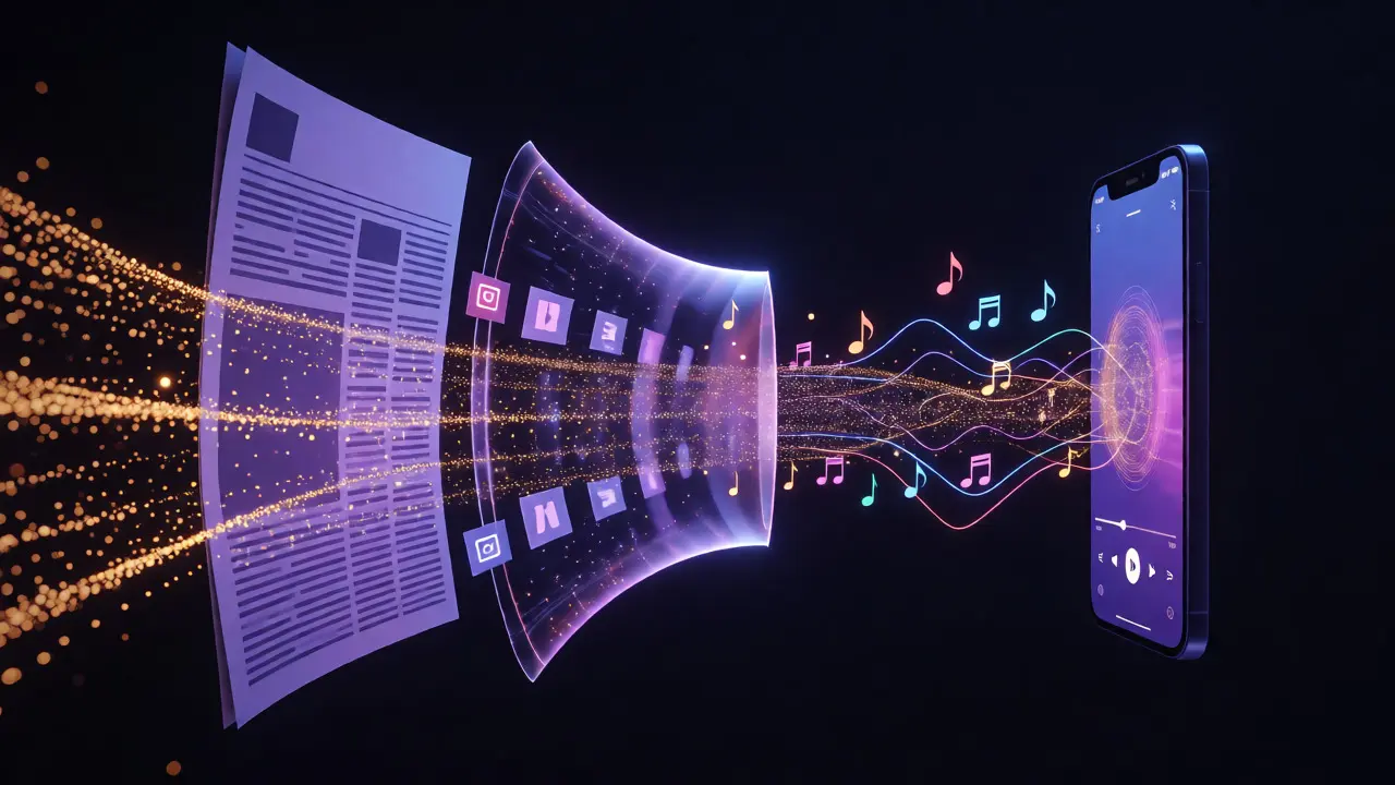 Abstract visualization of press articles converting into streaming data